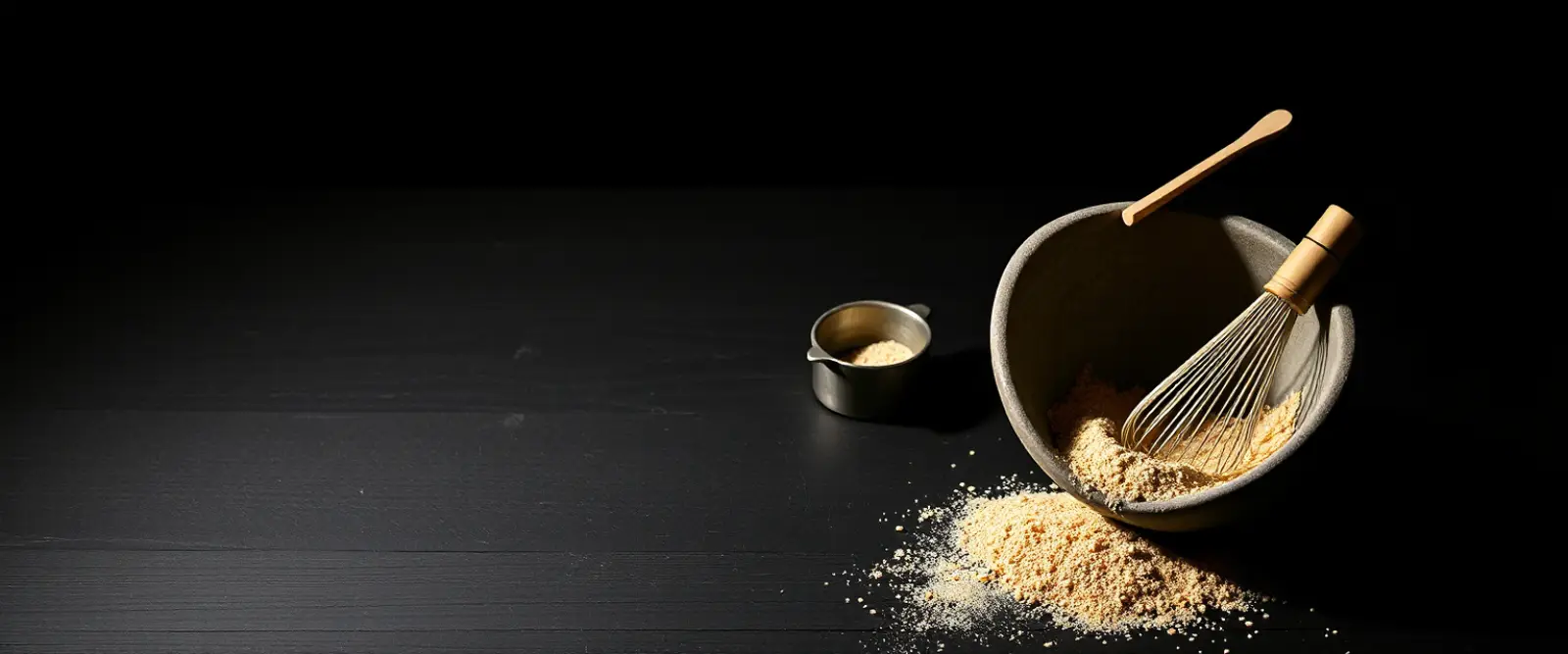 A wide stone bowl of fine tea powder with a bamboo whisk lying beside it.