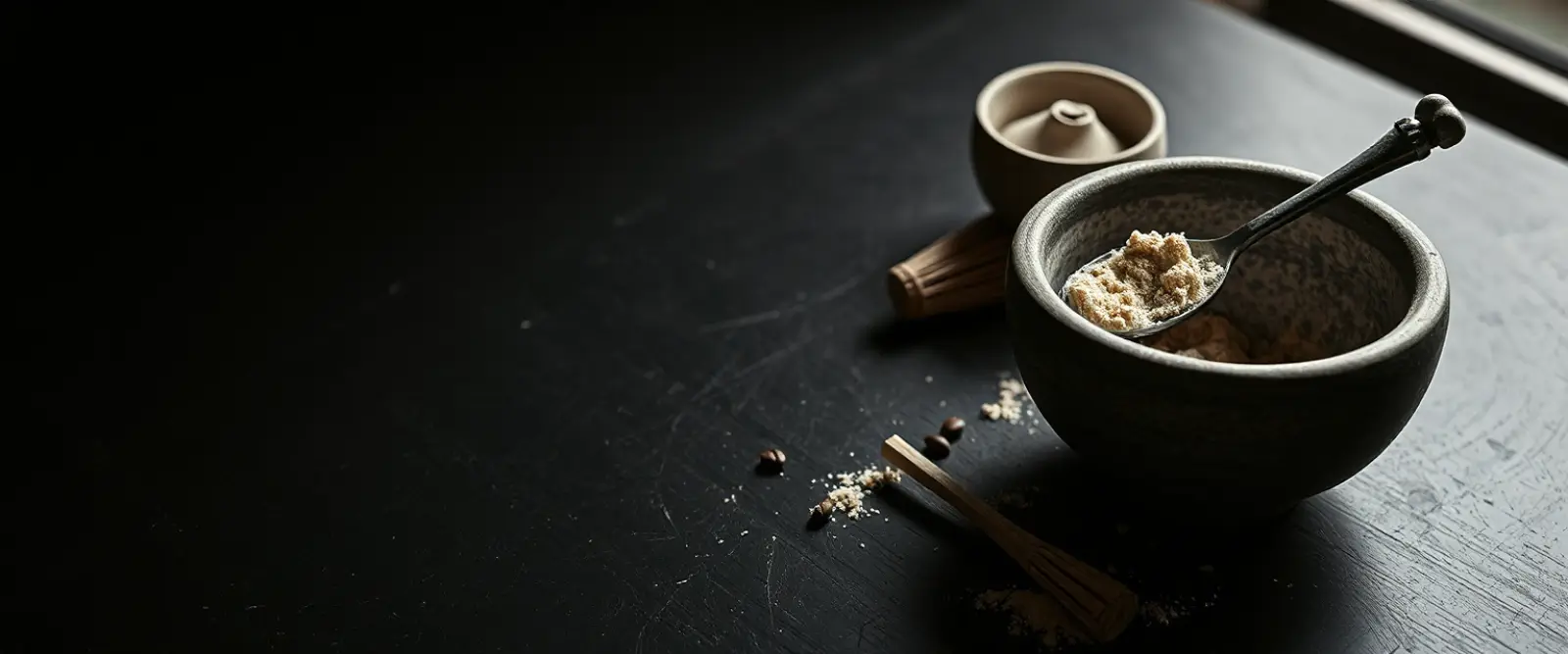 A wide stone bowl of fine tea powder with a bamboo whisk lying beside it.