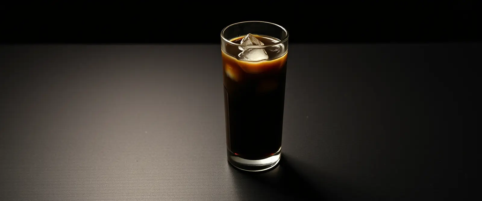 A tall glass of very dark iced coffee on a counter, beaded with condensation.