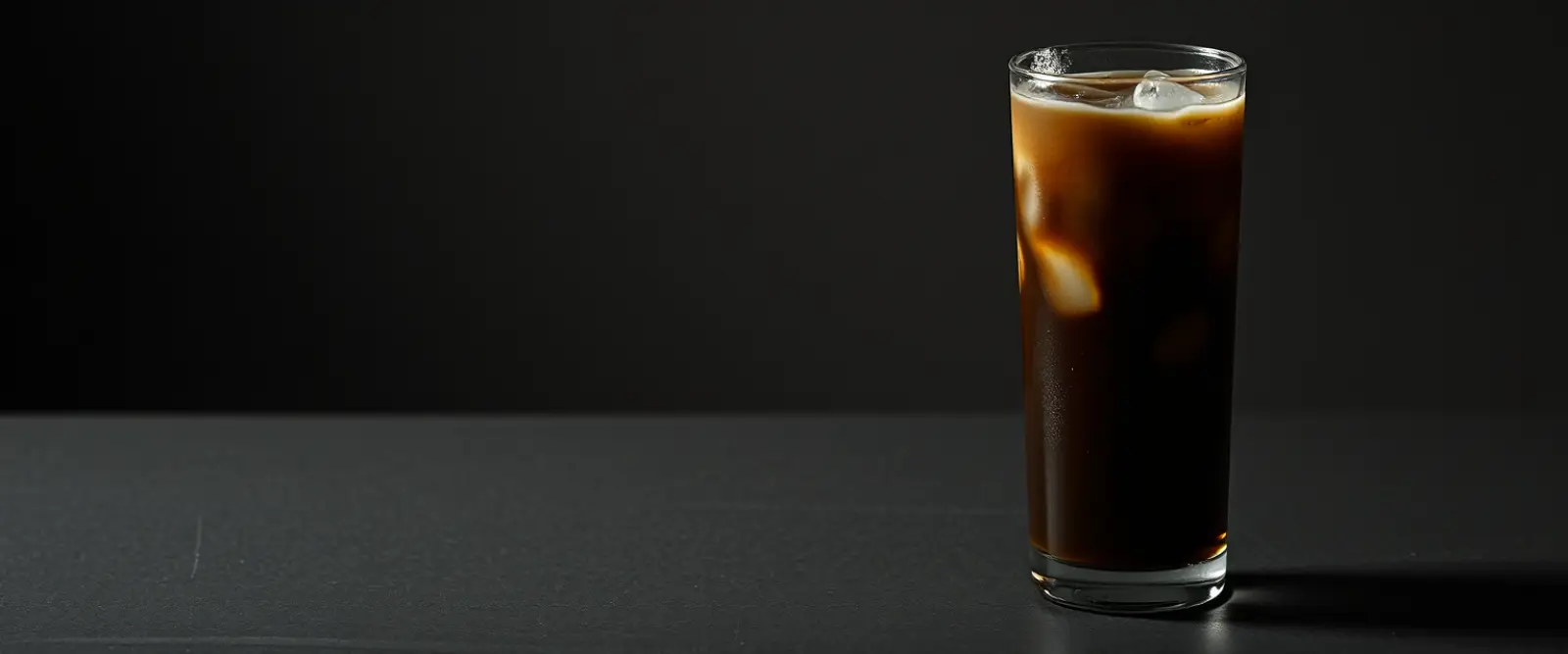 A tall glass of very dark iced coffee on a counter, beaded with condensation.