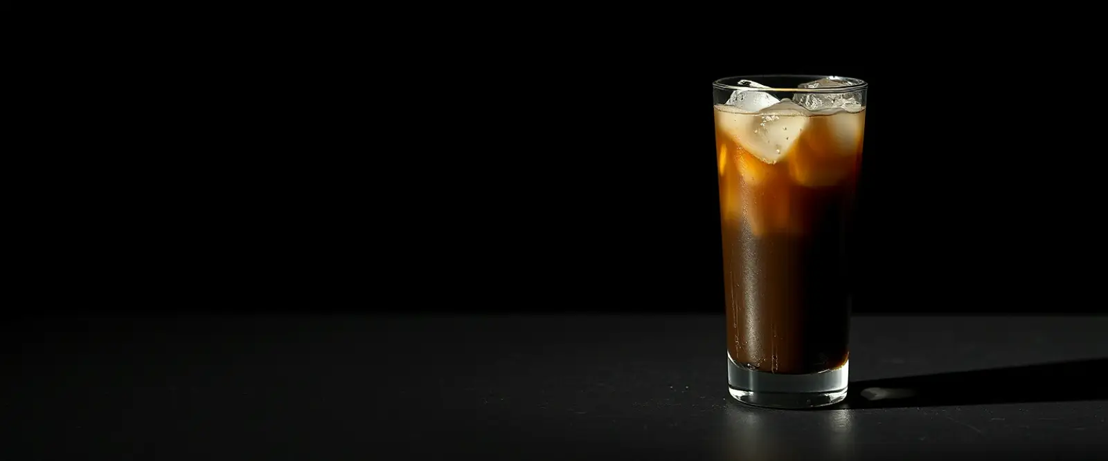 A tall glass of very dark iced coffee on a counter, beaded with condensation.