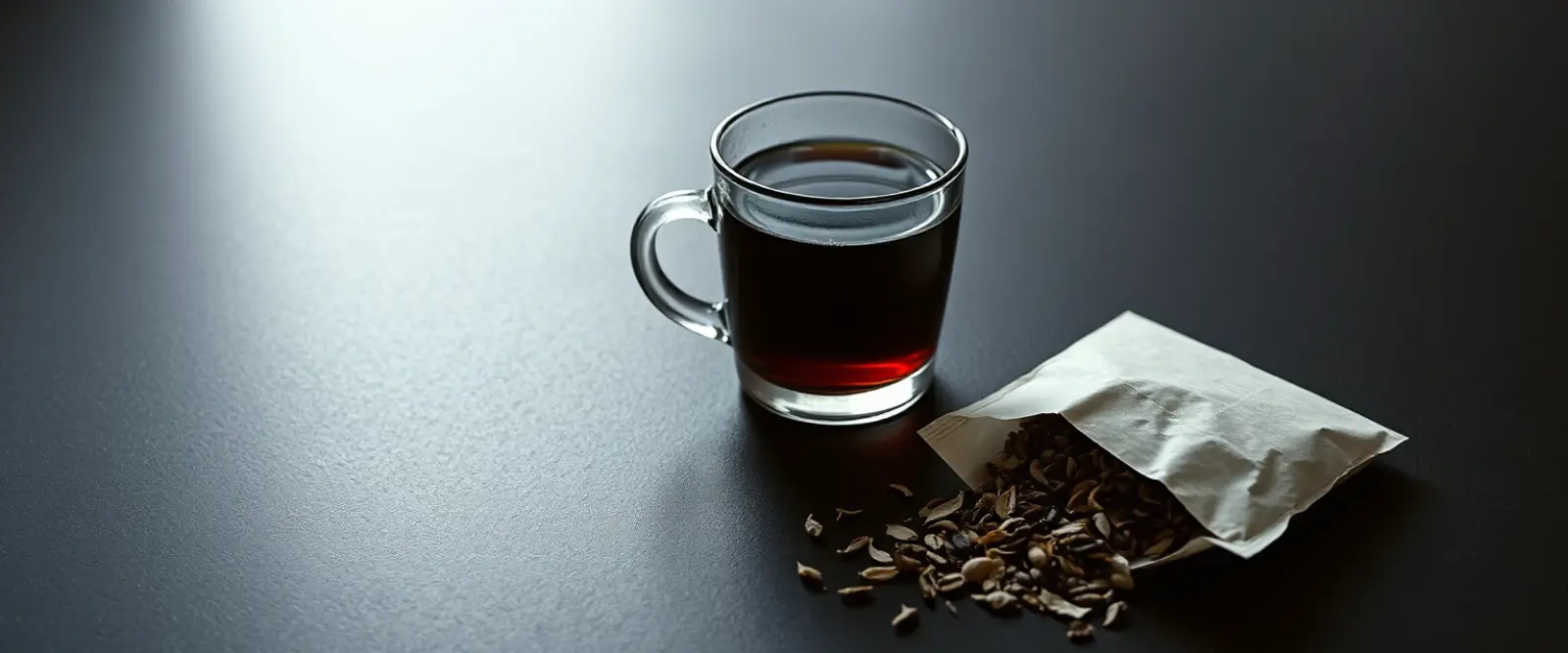 An open paper packet of loose-leaf tea spilling onto a dark table, a glass of brewed tea behind it.