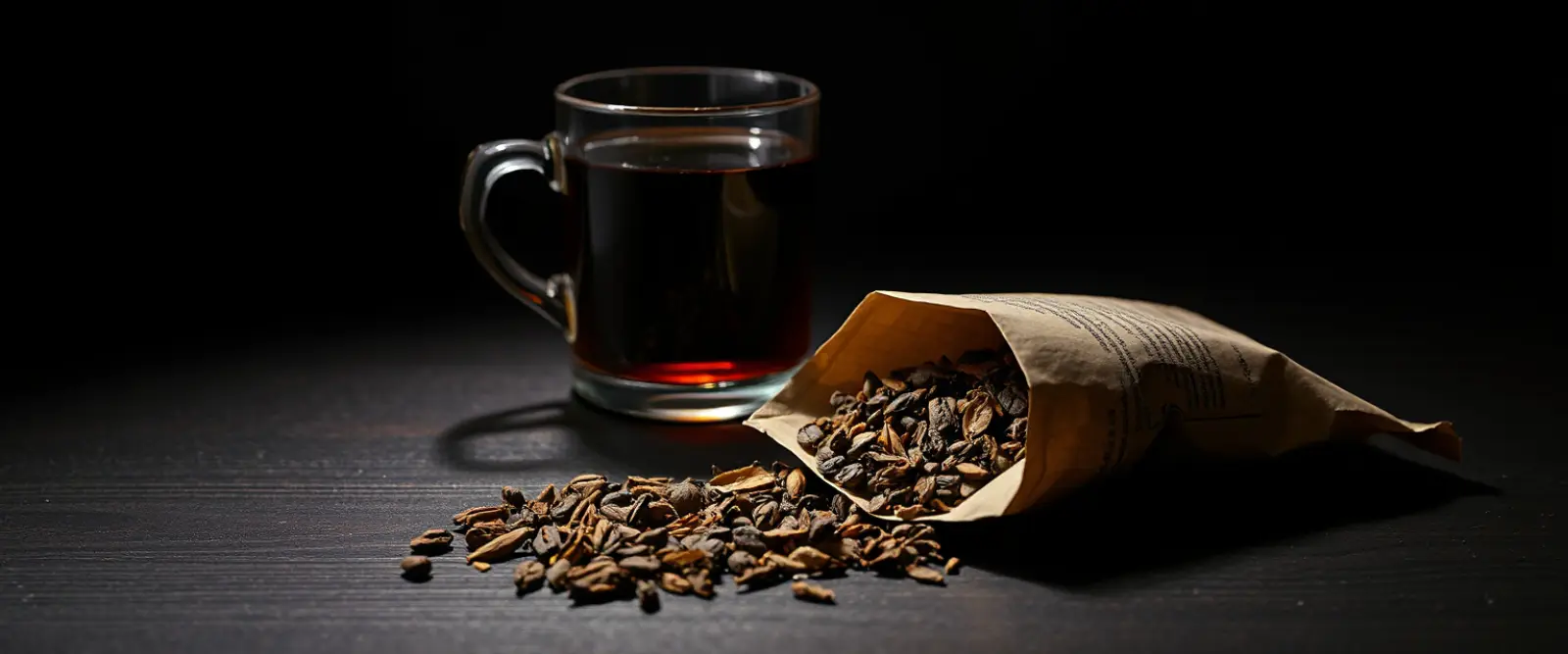 An open paper packet of loose-leaf tea spilling onto a dark table, a glass of brewed tea behind it.
