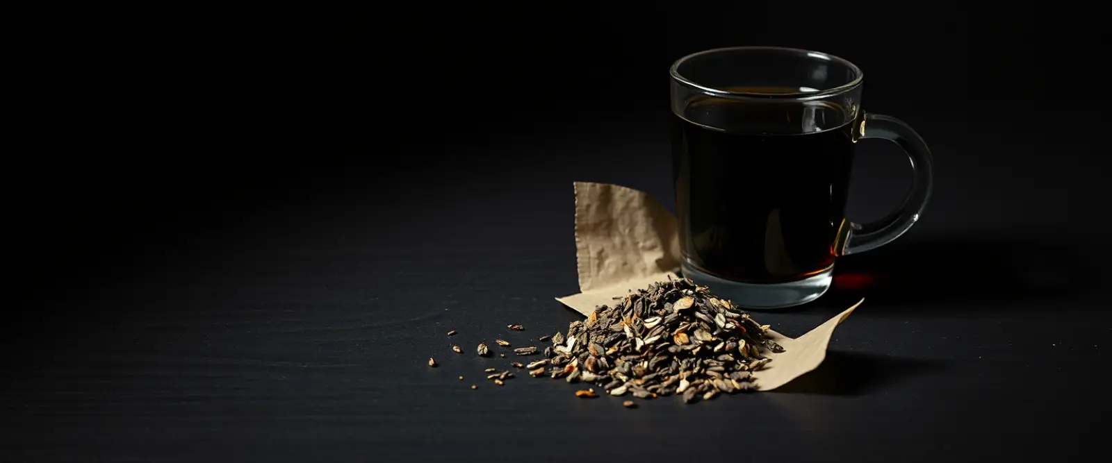 An open paper packet of loose-leaf tea spilling onto a dark table, a glass of brewed tea behind it.