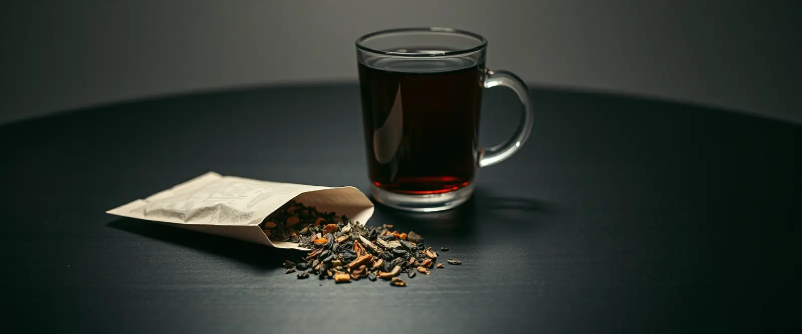 An open paper packet of loose-leaf tea spilling onto a dark table, a glass of brewed tea behind it.