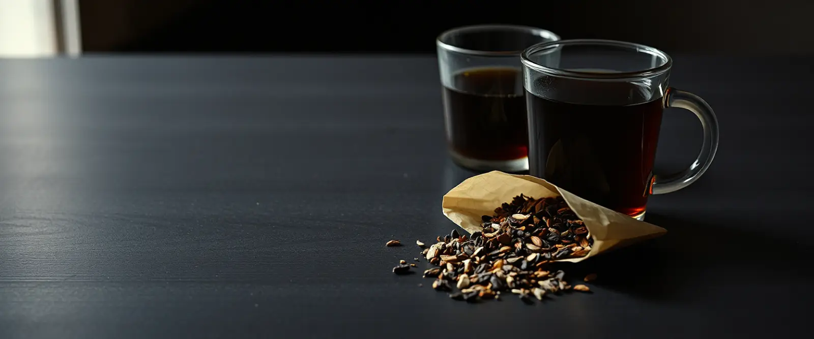 An open paper packet of loose-leaf tea spilling onto a dark table, a glass of brewed tea behind it.