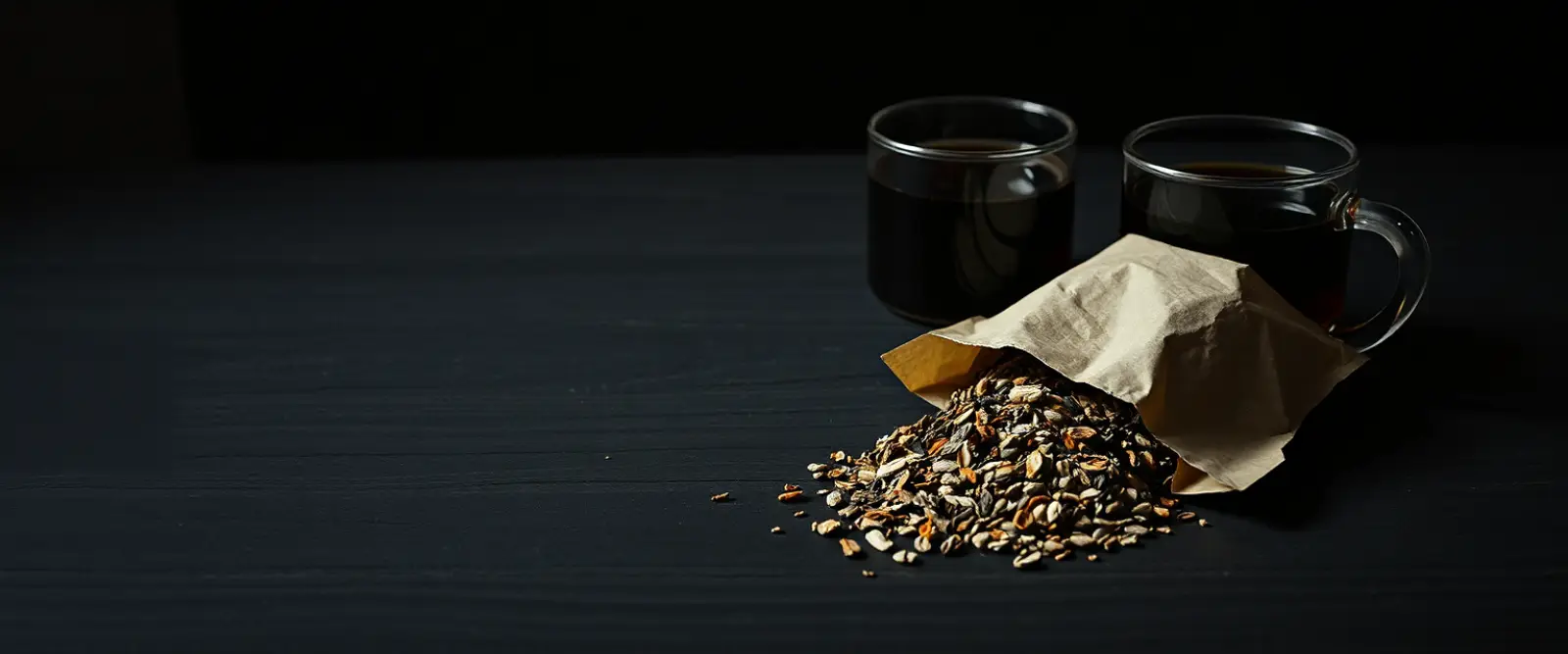 An open paper packet of loose-leaf tea spilling onto a dark table, a glass of brewed tea behind it.