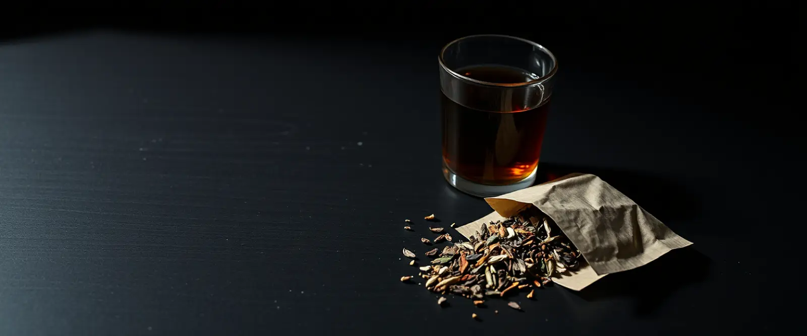 An open paper packet of loose-leaf tea spilling onto a dark table, a glass of brewed tea behind it.