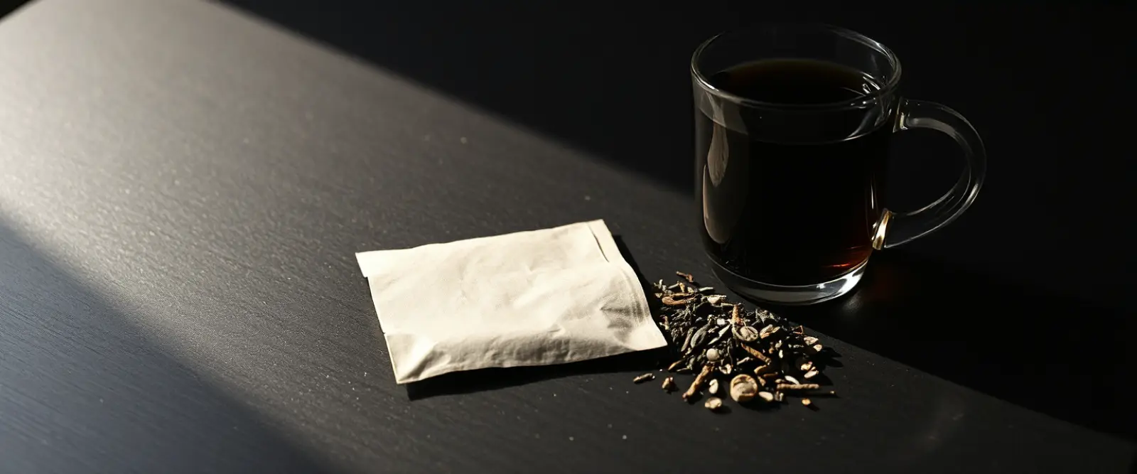 An open paper packet of loose-leaf tea spilling onto a dark table, a glass of brewed tea behind it.