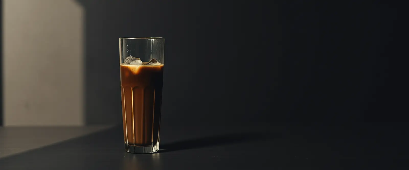 A tall glass of very dark iced coffee on a counter, beaded with condensation.