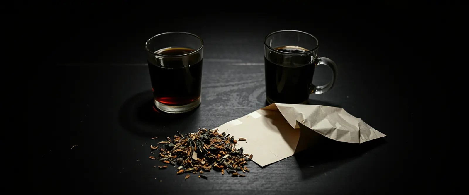 An open paper packet of loose-leaf tea spilling onto a dark table, a glass of brewed tea behind it.