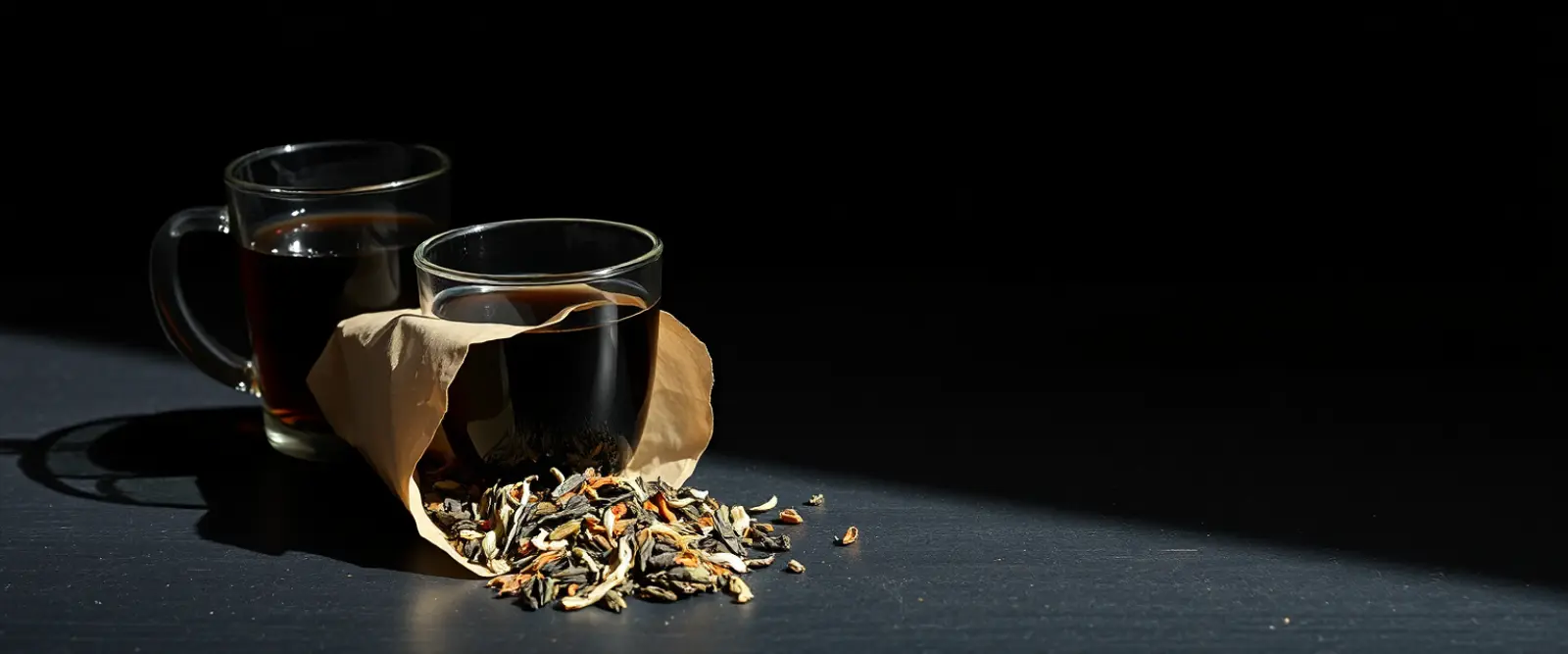 An open paper packet of loose-leaf tea spilling onto a dark table, a glass of brewed tea behind it.