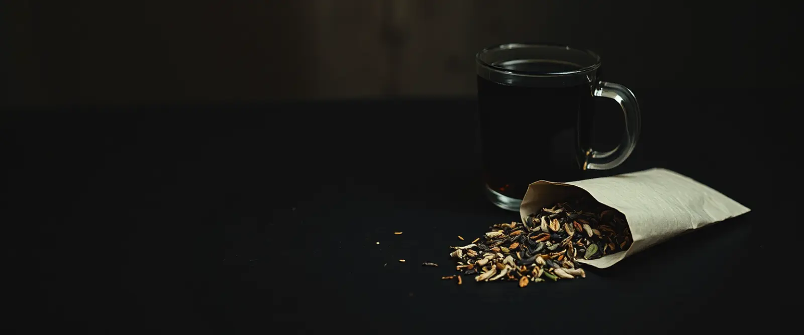 An open paper packet of loose-leaf tea spilling onto a dark table, a glass of brewed tea behind it.