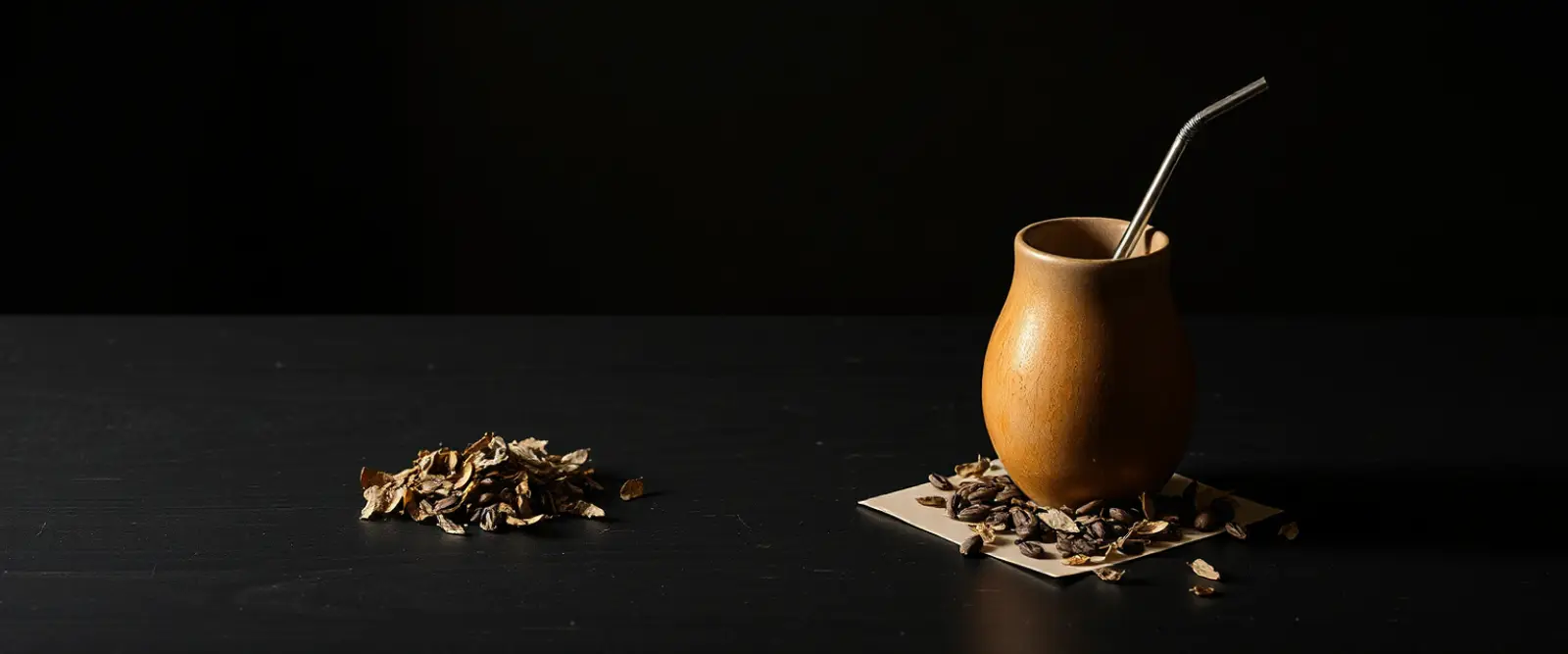 A gourd cup with a metal straw beside a small pile of dried loose leaf.