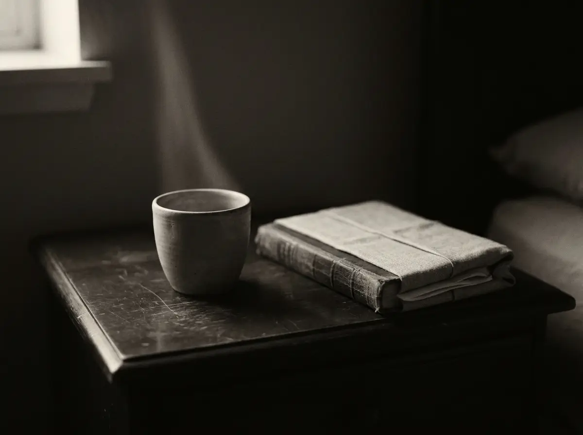 A cup left on a bedside table at night, beside a folded book, almost in darkness.
