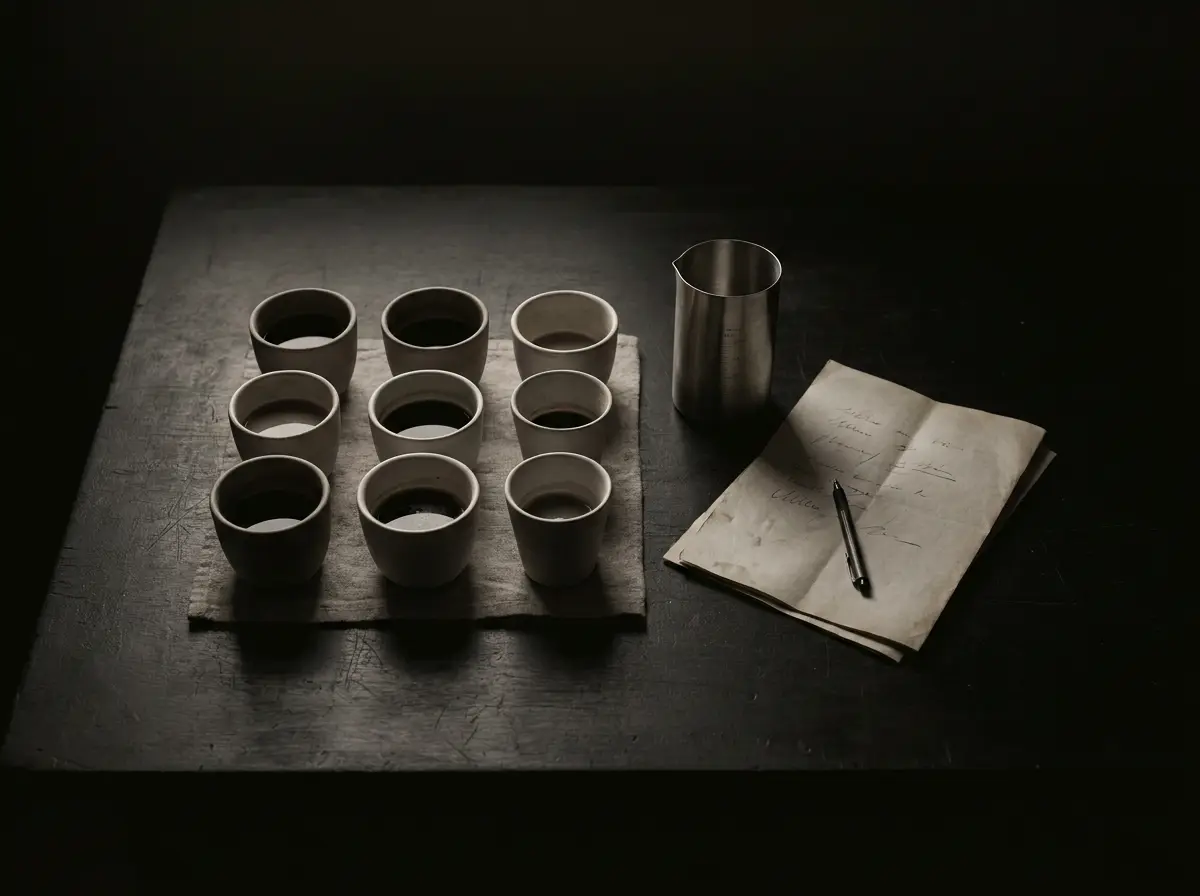 Small unlabelled cups arranged in a grid beside a measuring cylinder, seen from above.