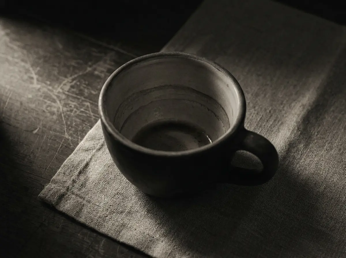 A nearly empty cup with a dried ring inside it, photographed from above in cold light.