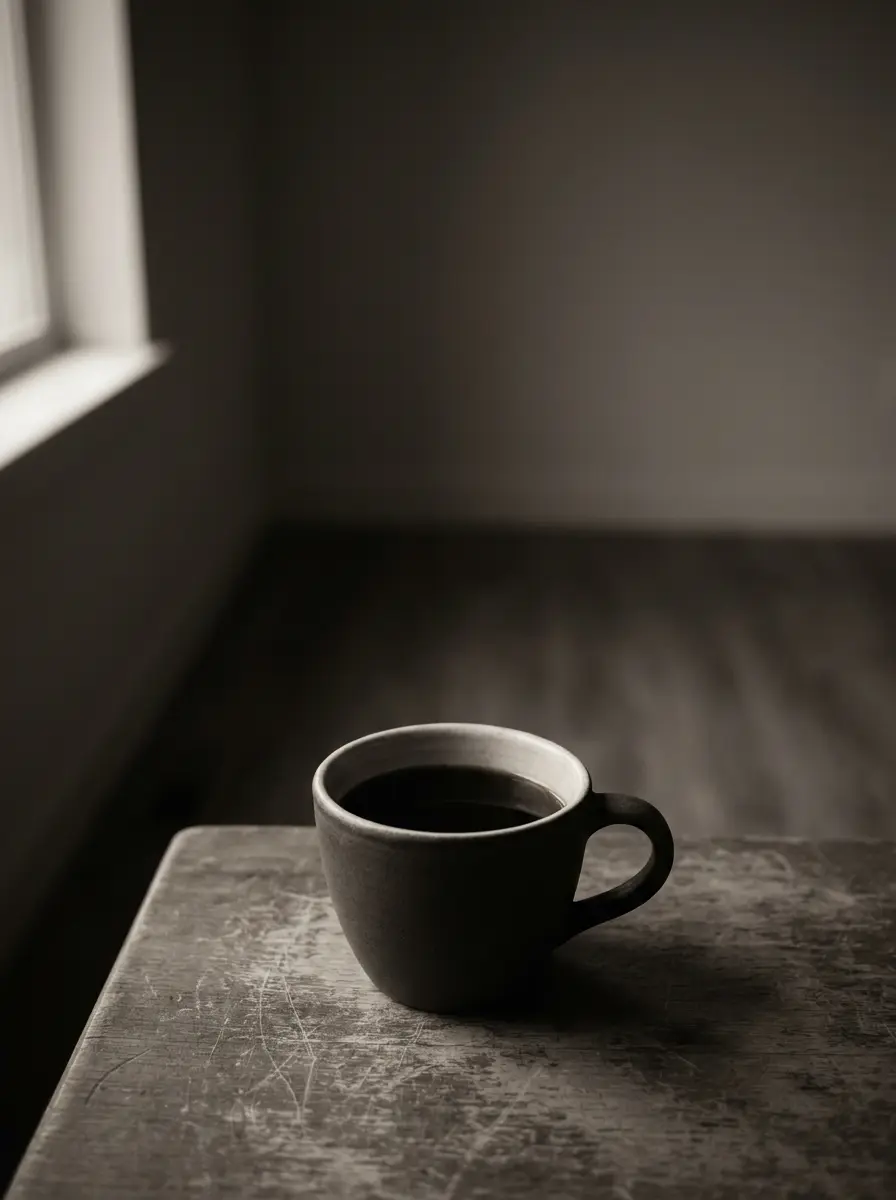 A dark ceramic cup of black coffee on a worn table in low window light.