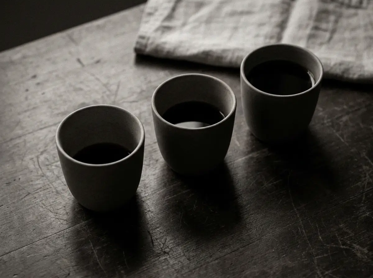 Three identical cups in a row, each filled to a different level.